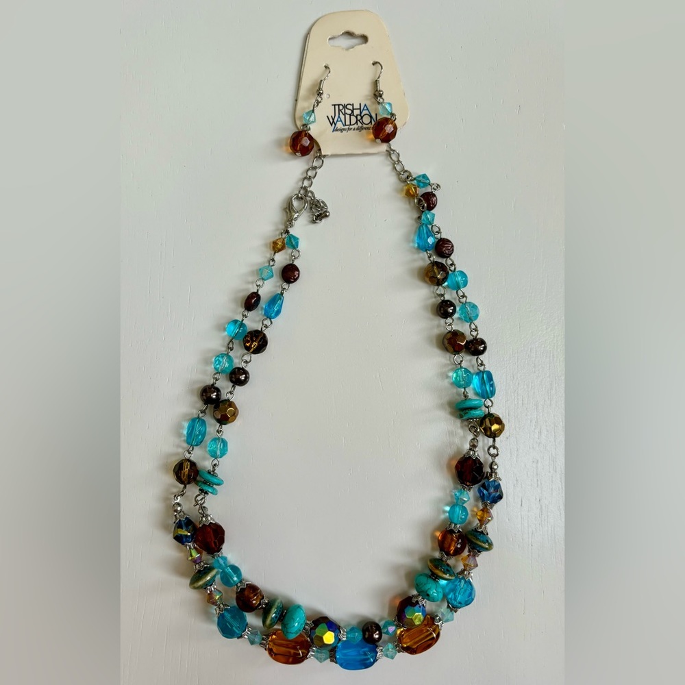 Trisha Waldron Brown, Blue and Turquoise Beaded Necklace and Earring Set